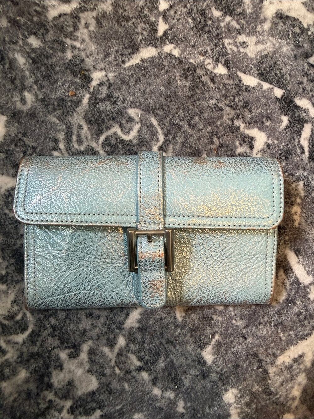 Vintage Tusk Italian Leather Lime Green & Metallic Blue Trifold Wallet
